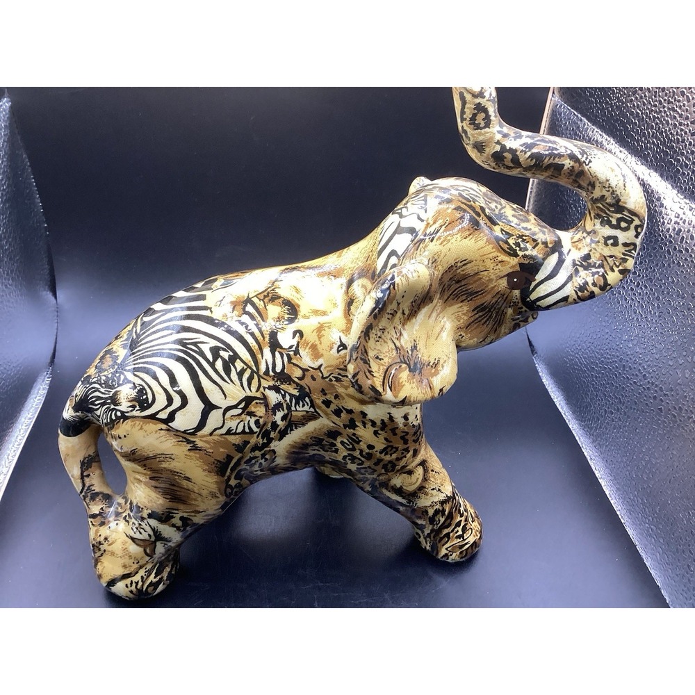 Vintage La Vie Patchwork Safari Elephant Figurine‎ 8" Trunk Up Good Luck Ceramic